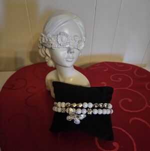 White Beaded Bracelet Set with Silver Accents and Butterfly Charm